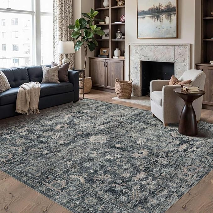 Rugxara 6x9 Area Rugs for Living Room Bedroom, Large Washable Rug, Blue Vintage Floral Boho Style, Non Slip & Low Pile Carpet for Indoor Dining Room, Dorm and Kids Room(Blue 6x9ft)