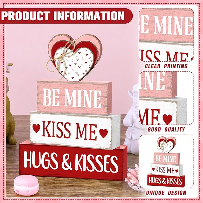 Marsui 4 Pcs Valentine's Day Decorations for Home Heart Table Decor Rustic Distressed Wooden Signs Valentines Centerpieces Blocks Farmhouse Valentines Tiered Tray Decor for Desk Shelf Mantel Indoor