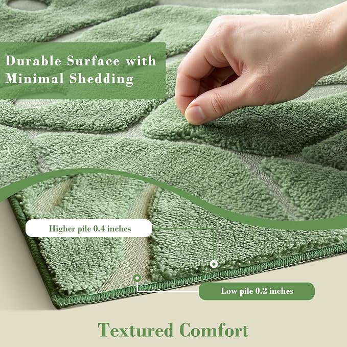 Sage Green Monstera Area Rug 3x5, High-Low Plush Pile Washable Rugs for Living Room Bedroom, Tropical Non Slip Nursery Carpet Soft Indoor Shag Rugs for Dining Room