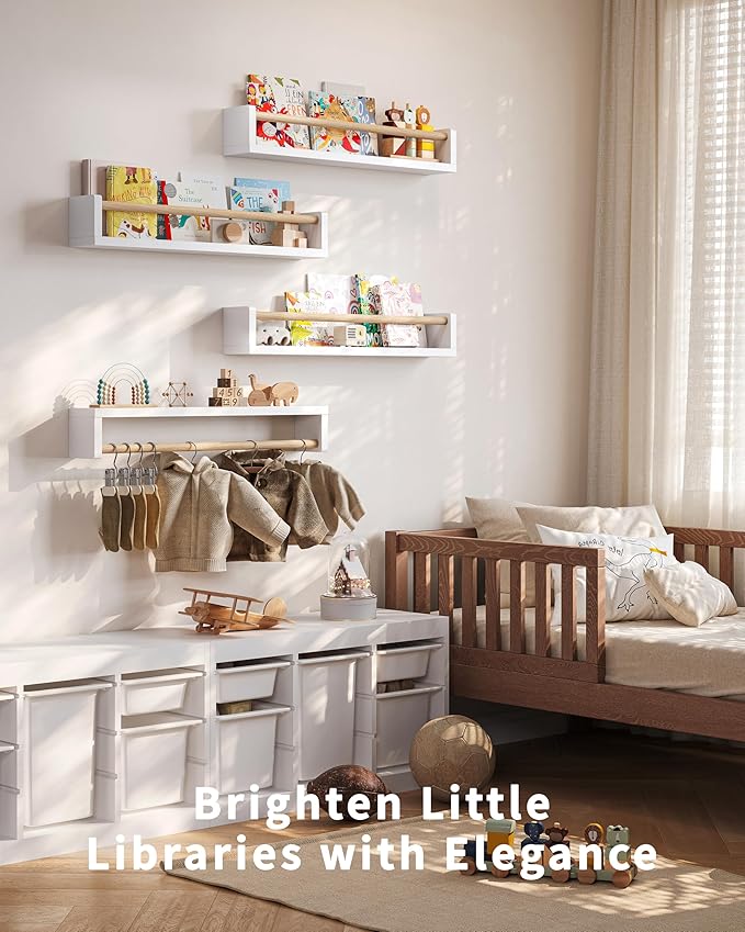 Seocry Nursery Book Shelves, 4 Pack, Wall Book Shelves for Kids Room, Baby, Toddler, Nursery Decor (White Wood, 23 Inches)