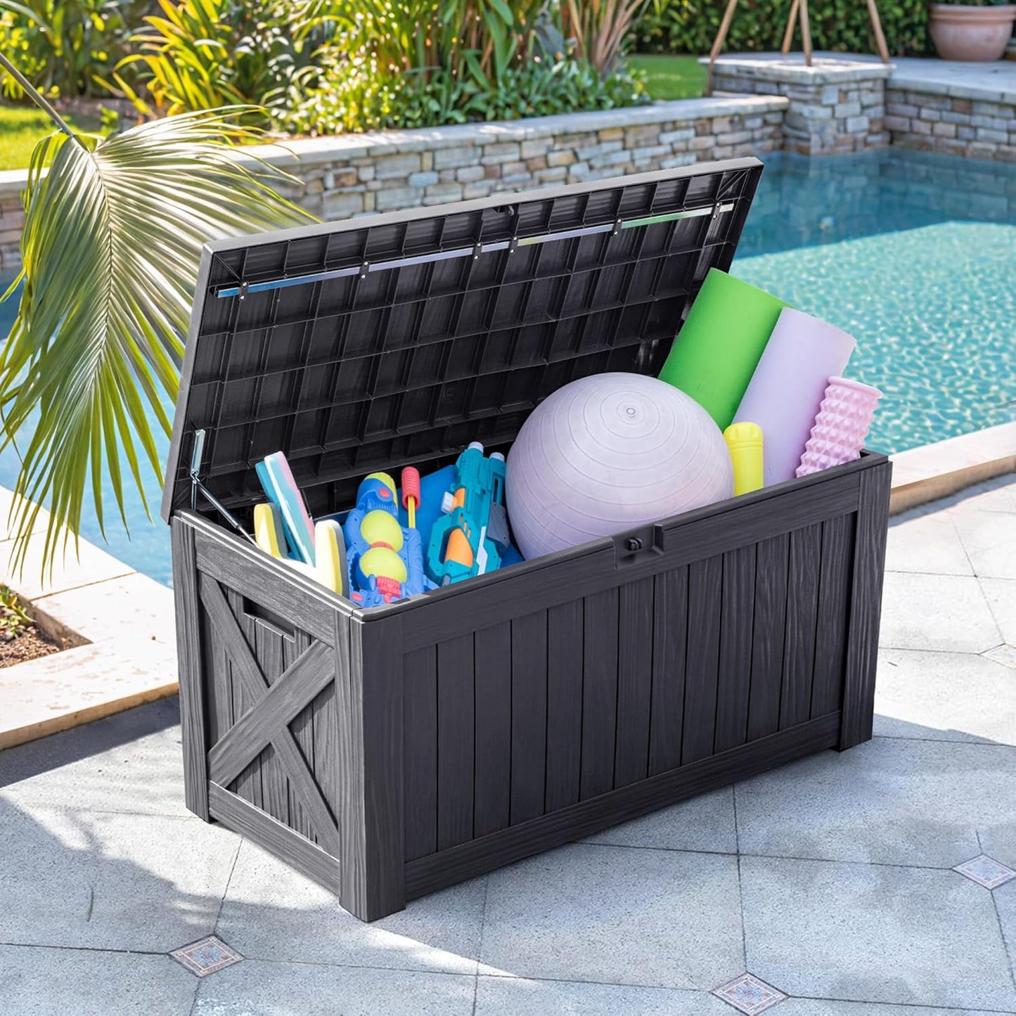 Flamaker Resin Deck Box 120 Gallon Waterproof Large Outdoor Indoor Storage Box Imitation Wood Resin for Patio Furniture Garden Tools and Pool (Gray)