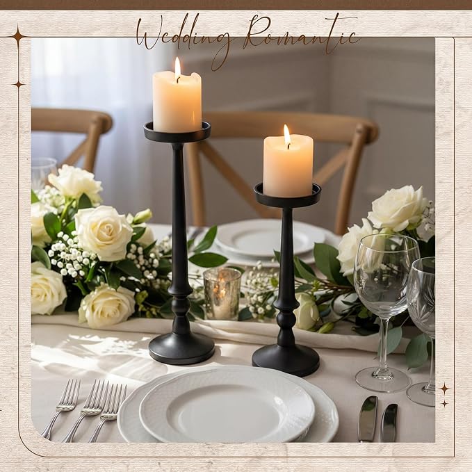 Set of 2 Black Antique Brass Candlestick Holder Vintage Cast Iron Tall Candle Stand for 3 Inch Pillars Metal Candle Stand for Party Table Decor