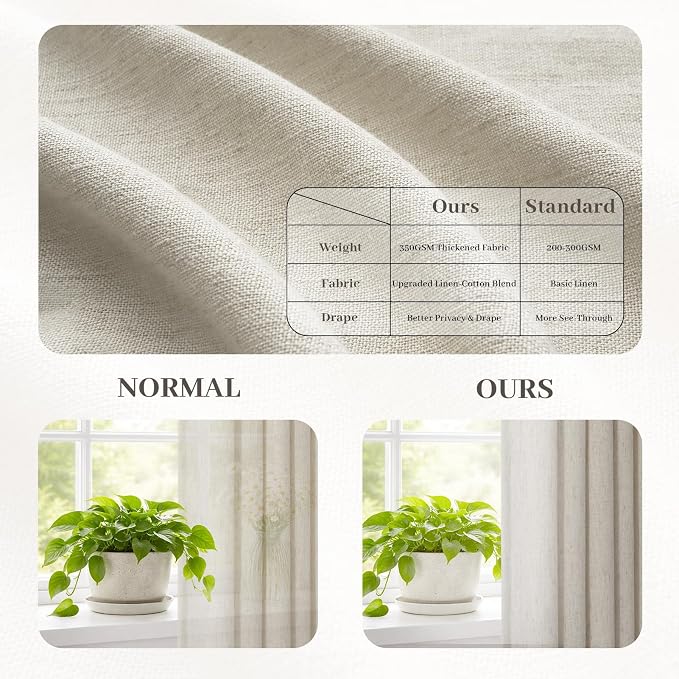 Custom Made Rustic Oatmeal Pinch Pleated Linen Curtains 105 Inches Long for Living Room Bedroom Cream Netural Textured Linen Back Tab Memory Trained Pleat Drapes Ceiling Floor Semi Sheer Sliding Door
