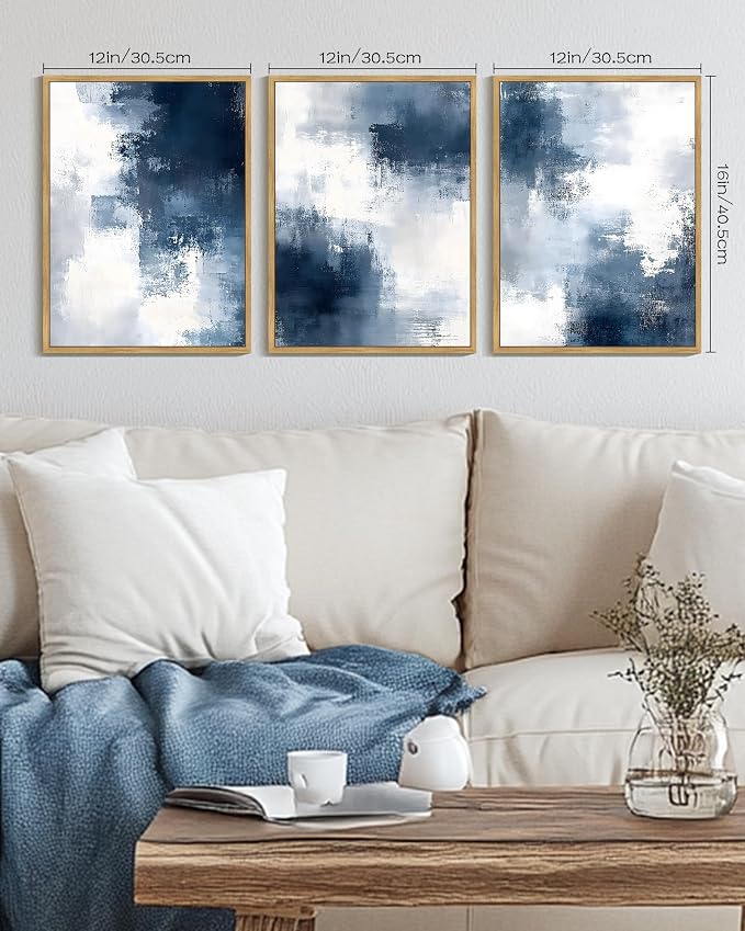 PHOPAGO Navy Blue and Gray Abstract Framed Wall Art Brush Strokes Pastel Wall Decor Modern Minimalist Art Paints for Bedroom Laundry Living Room - 12x16in Natural Framed