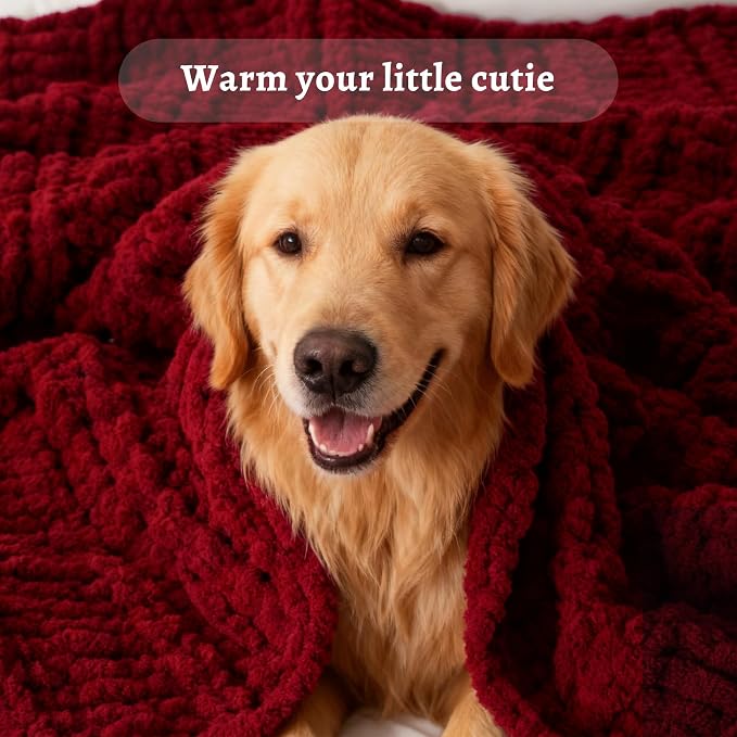 Battilo Chunky Knit Throw Blanket for Couch, Christmas, 50"x60", Dark Red | Hand Knit, Gift Blanket, Cozy Warm Thick Soft Chenille Throw Blanket for Bed, Sofa, Chair, Living Room