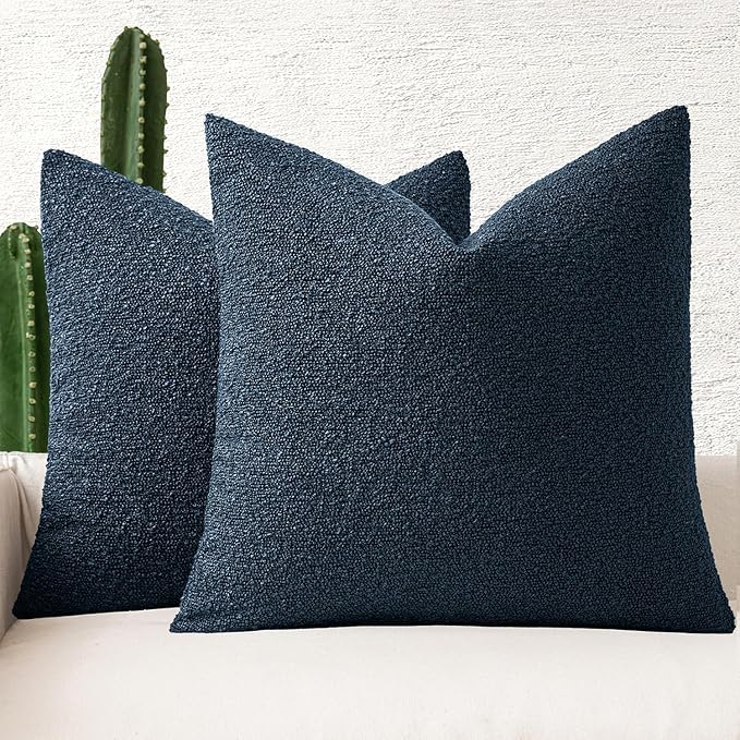 MIULEE 22x22 Inch Decorative Euro Sham Pillow Covers for Couch Bed Set of 2 Textured Boucle Neutral Throw Pillow Covers Navy Blue Accent Solid Pillowcases Sofa Living Room Home Decor
