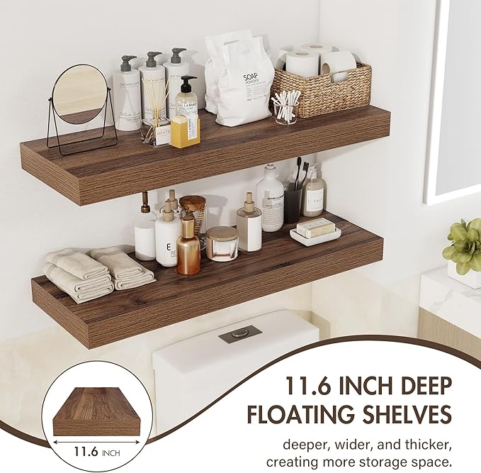 Acovy 72 Inch Floating Shelves, 12" Deep Floating Shelf Wall Mounted, 72" Wall Shelves, Rustic Deep Bookshelf, Extra Deeper & Thicker Display Shelves for Bedroom, Living Room, Walnut, Set of 1
