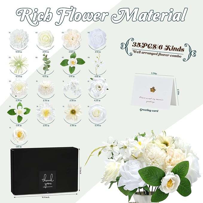 Artificial Flowers Combo Box, 35PCS Fake Flowers, Silk Flower Mix with Wire Stem, DIY Wedding Bridal Bouquet for Arrangement, Shower Party Home Décor, Ivory White Garden Mix