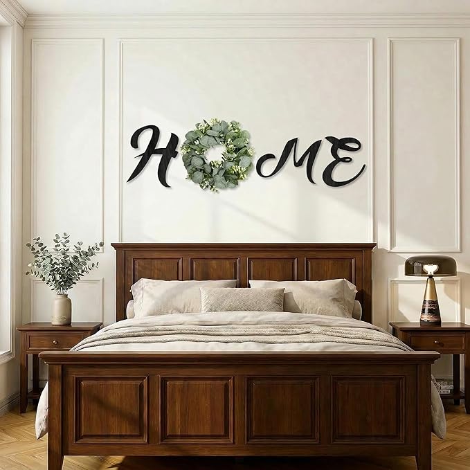 Pinkpum Wood Home Sign with Artificial Eucalyptus Wreath for O, Hanging Farmhouse Wall House Decor Wood Letters for Wall Art Rustic Home Decor, Wall Decor for Living Room Kitchen Entryway (Black)