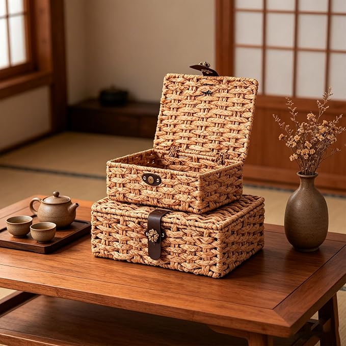 Set of 2 Water Hyacinth Wicker Storage Baskets with Lid | Rectangular woven decorative bins for shelf desktop home organization decor