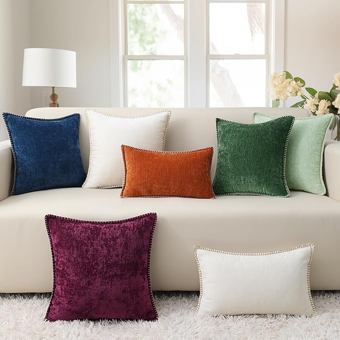 decorUhome Summer Chenille Soft Cozy Throw Pillow Covers 12x20 Set of 2, Modern Farmhouse Boho Velvet Decorative Pillow Cases with Stitched Edge for Couch Sofa Bed Home Decor, Aqua Haze