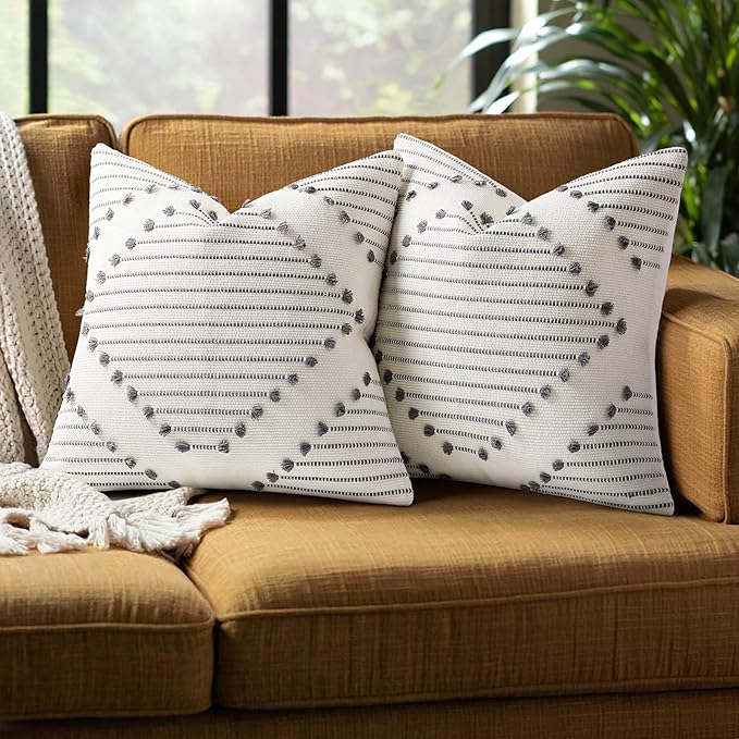 Mecatny Boho Outdoor Throw Pillow Covers 20X20 Set of 2, Farmhouse Decorative Pillow Covers for Couch Sofa Living Room, Grey & Cream White