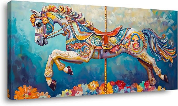Ggaafet Colorful Carousel Wall Art for Living Room Canvas Oil Painting Prints Beautiful Circus Horse Art Deco Modern Artwork Office Bedroom Family Dining Room Decor Extra Large