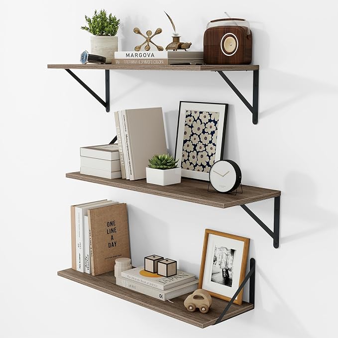 Vivelove Deep Floating Shelves for Wall, 24W x 8D Rustic Grey Wood Wall Shelves Set of 3, Large Floating Shelf for Living Room, Kitchen, Office, Bedroom and Decor Storage, with Metal Bracket - Grey