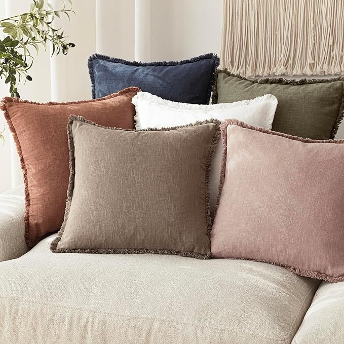 Foindtower Set of 2 Decorative Linen Fringe Throw Pillow Covers Boho Farmhouse Cushion Cover with Tassels Soft Accent Pillowcase for Couch Sofa Bed Living Room Home Decor,20×20 Inch,Dusty Pink