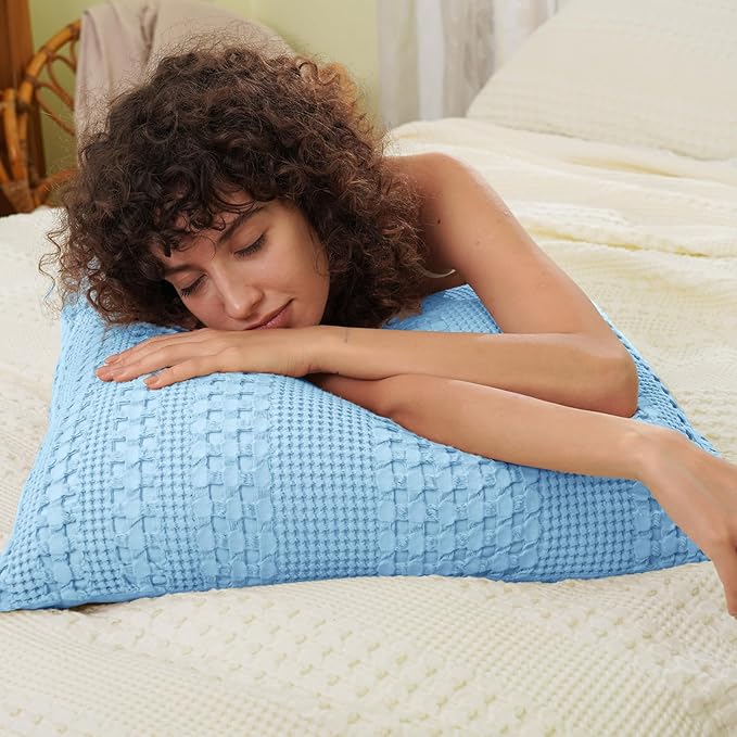 PHF Waffle Weave Euro Pillow Shams, 2 Pack 100% Cotton Pillow Covers 26x26 Inches for Decor, No Insert, Luxury Aesthetic Euro Pillow Cases for Bedroom Decor, Sky Blue
