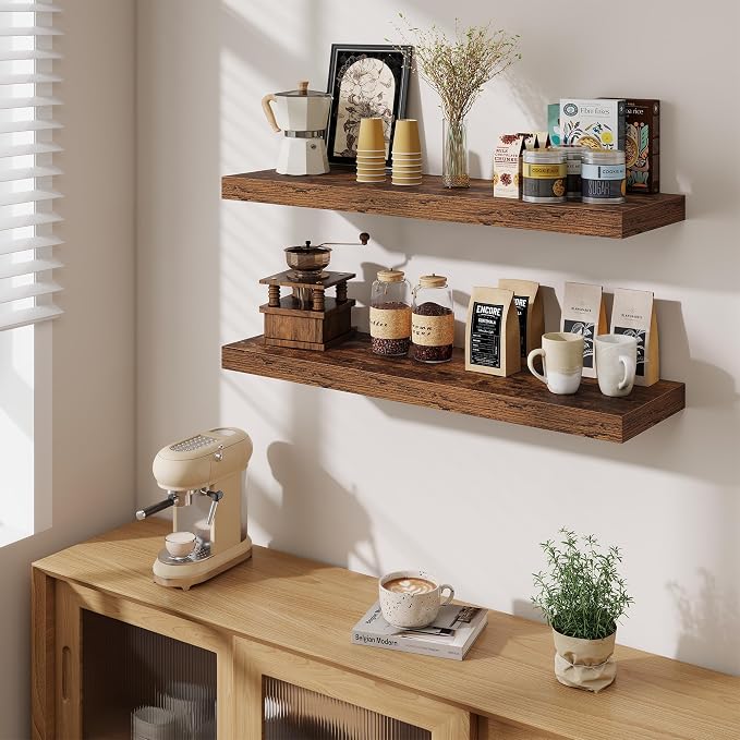 Fun Memories Floating Shelves for Wall 36 Inches, Wood Shelves with Invisible Bracket, 10" Deep Shelves Wall Mounted, Large Floating Shelves for Living Room Bathroom, Rustic Brown, Set of 3