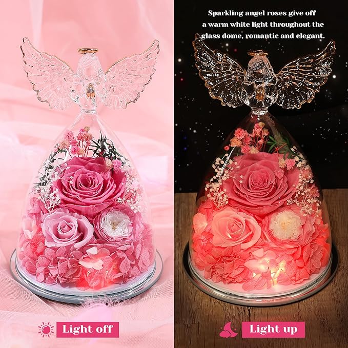 FIACO Gifts for Mom Women Birthday Preserved Rose in Glass Angel Figurine Forever Fresh Flower for Delivery, Mothers Day Flowers Gifts for Grandma Wife Daughter Pink