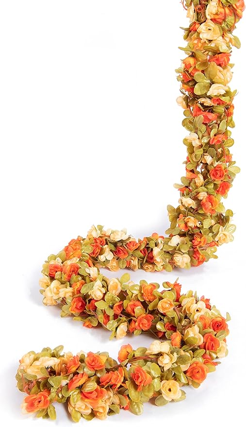 PONKING 8 Pcs x 8.2 ft Flower Garland Artificial Rose Vine Flowers with Green Leaves Hanging Fake Roses Vine for Room Party Home Wedding Birthday Christmas Wall Arch Decor, Fall Champagne Flower