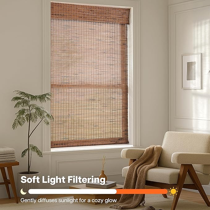 LazBlinds Cordless Bamboo Roman Shades for Windows, 26.5x48, Tatami | Light Filtering Natural Bamboo Blinds, Easy Lift Cordless Design for Living Room & Bedroom, Fits Interior Windows