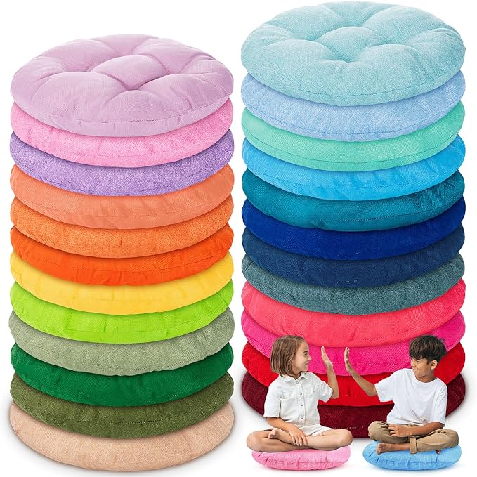Fumete 24 Pcs 16 Inch Floor Cushions Pillow for Kids Bulk Classroom Round Flexible Seating Floor Cushions for Students Home Daycare School Reading Corner Yoga Meditation Picnic (Pastel Rainbow)