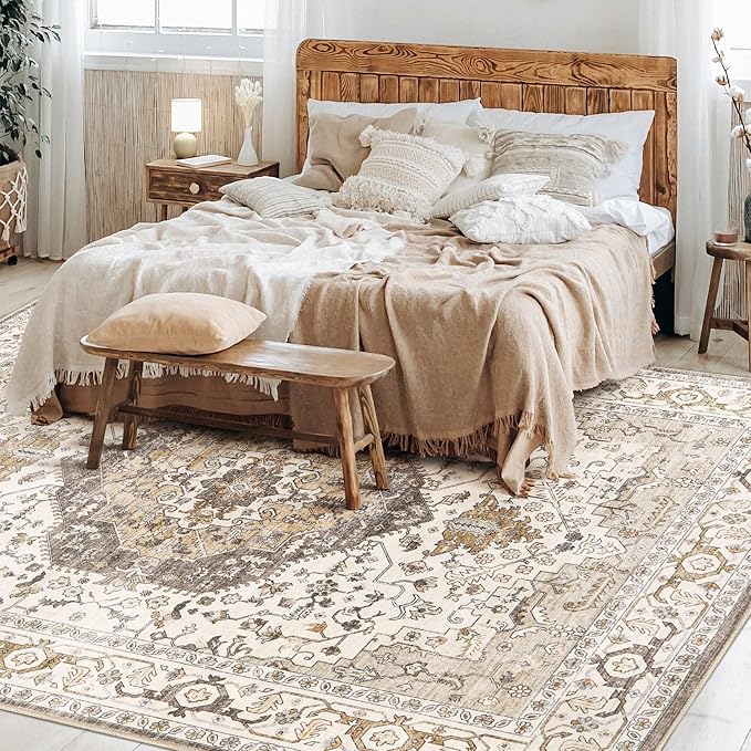 12x15 Area Rugs for Living Room - Large Carpet Ultra Thin Soft Washable Oriental Vintage Floral Distressed Big Indoor Carpets for Bedroom Nursery Dorm Home Decor Aesthetic - Camel/Beige