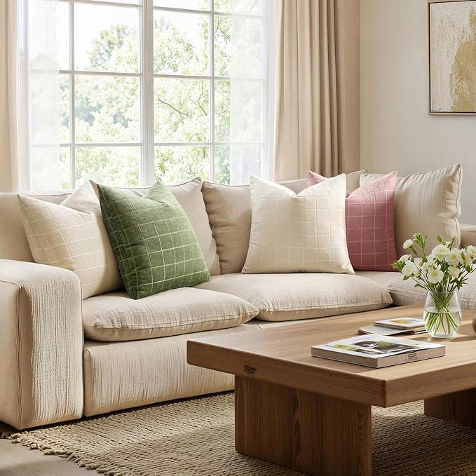 MIULEE Decorative Chenille Check Throw Pillow Covers Vintage Plaid Couch Pillows 20x20 Inch Set of 2 Neutral Boho Farmhouse Cushion Covers Modern Spring Decor for Sofa Bed Living Room Sage Green