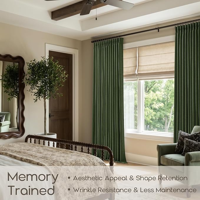 Olive Green Linen Curtains 108 Inch Length Pinch Pleated Flax Linen Semi Sheer Window Curtains for Living Room Bedroom 2 Panels Set Vintage Rustic Back Tab Memory Training Shaped Drapes 40x108