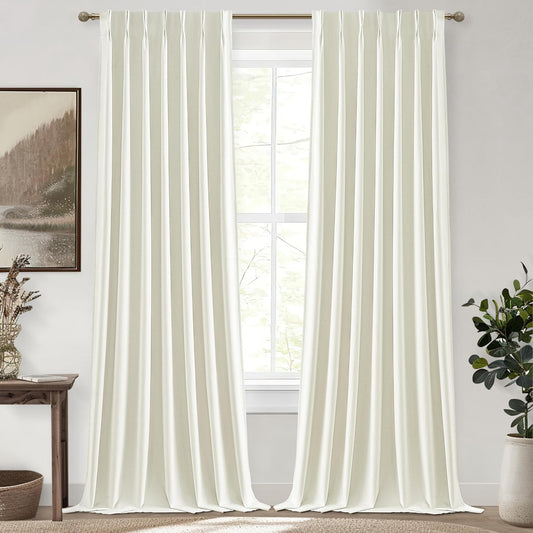 102 Inch Long Curtains, Floor to Ceiling Lush Decor Tall Curtains for Living Room Full Blackout Soundproof Heat Blocking Linen Window Pinch Pleated Drapes 2 Panels Ivory Cream White Room Divider