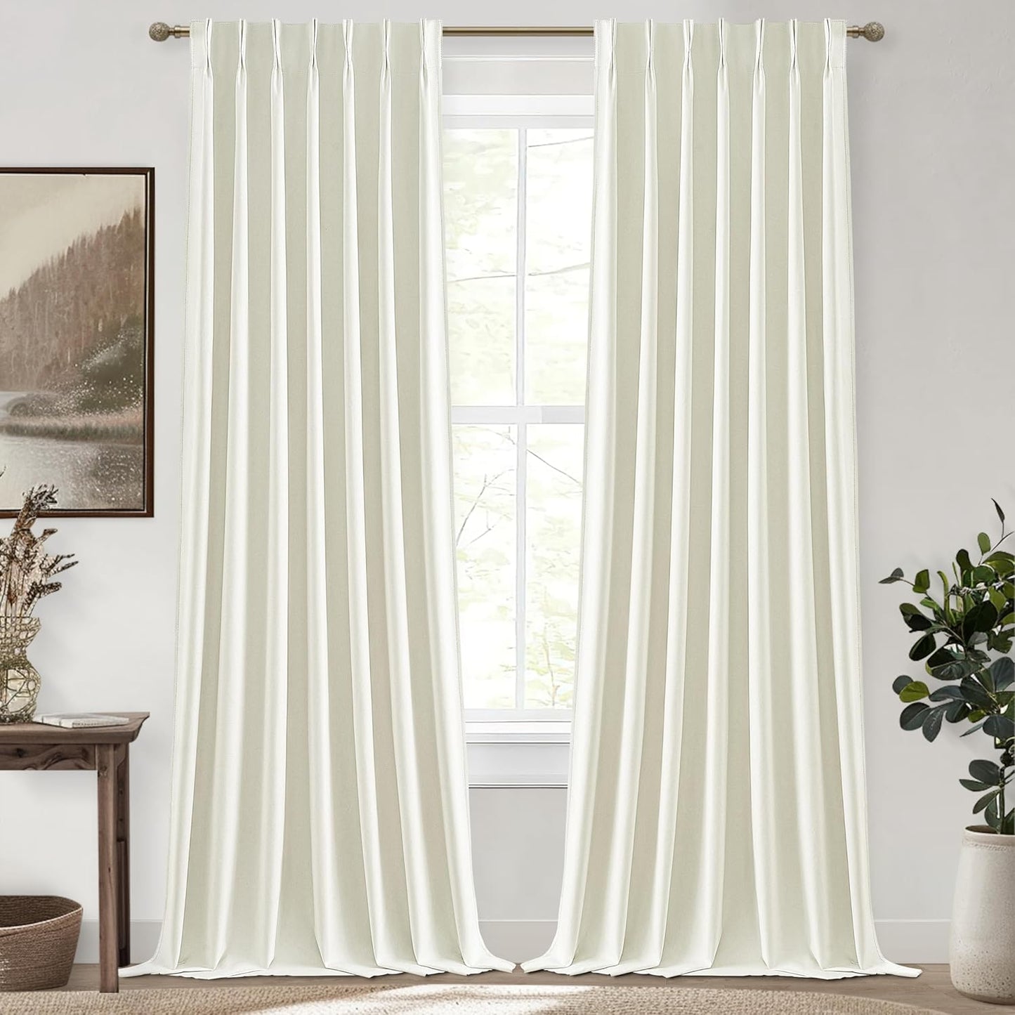 Ivory White Pinch Pleated Complete Blackout Curtains & Drapes 120 Inches Long 2 Panels Set, Flax Linen Room Darkening Soundproof Window Curtain for Bedroom/Living Room Track System(40"Wx120"L)