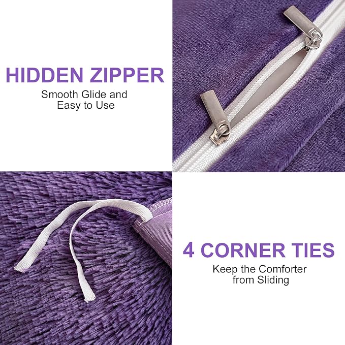 Fluffy Plush Purple Duvet Cover Set Queen Size, Luxury Ultra Soft Velvet Fuzzy Comforter Cover Bed Sets 4 Pcs(1 Faux Fur Duvet Cover + 2 Pillow Cases + 1 Pillow Cover) Zipper Closure (Queen, Purple)
