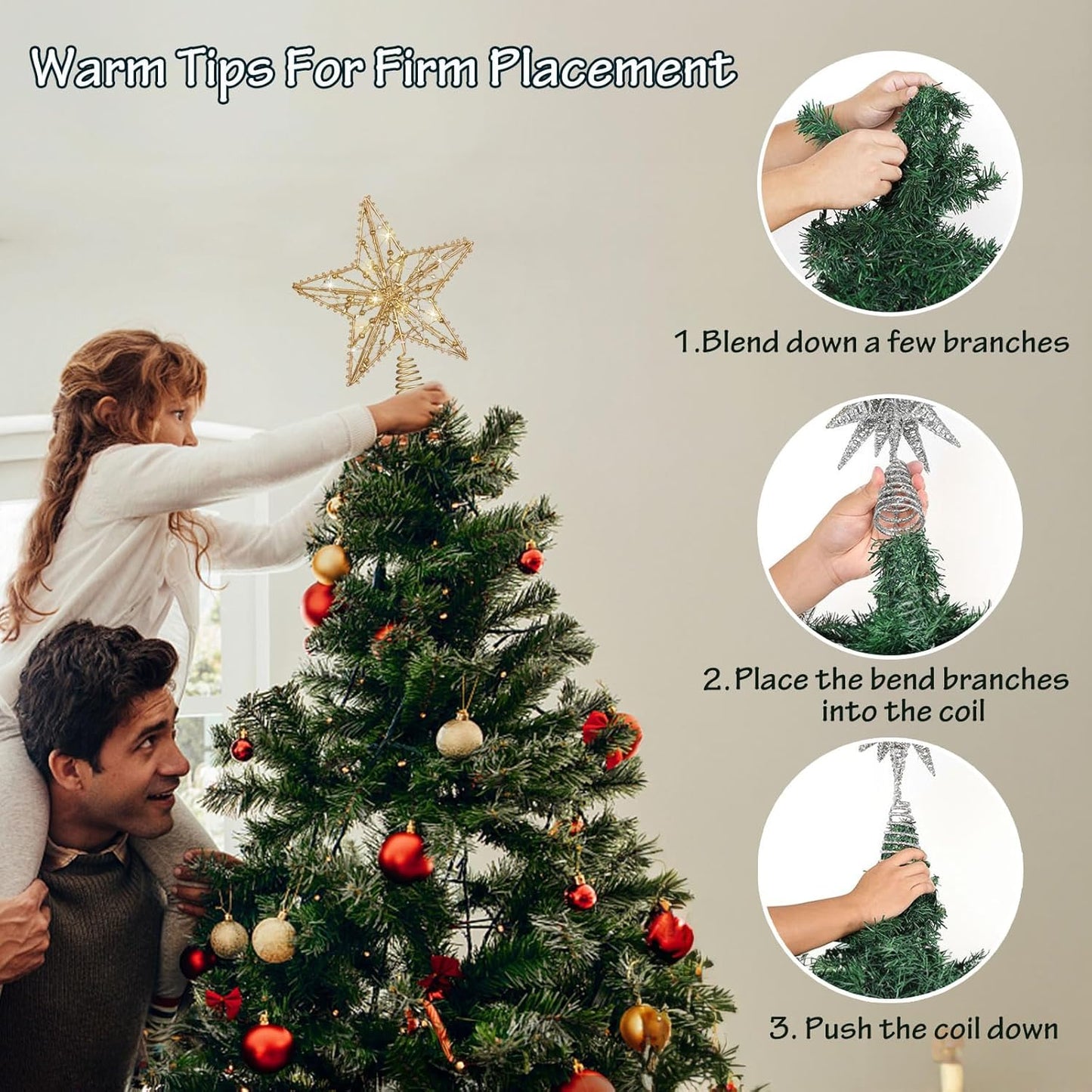 Christmas Tree Topper Star, Gold Star Tree Toppper with 50 Warm LED Lights Glittered Pearl Beads and 8 Lighting Modes Timer for Christmas Tree Decorations and Xmas Holiday Seasonal Decor