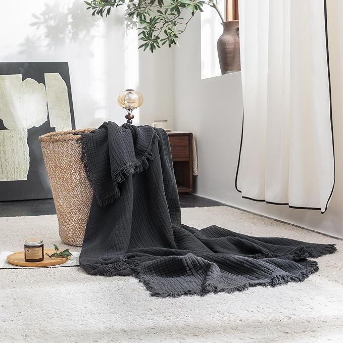 FOSSA Muslin Blanket 4-Layer 100% Cotton Gauze Blanket with Fringe 66"x90" | Super Soft Breathable Lightweight All Season & Decorative Blanket or Bed, Sofa, Office (Dark Gray,Twin XL)