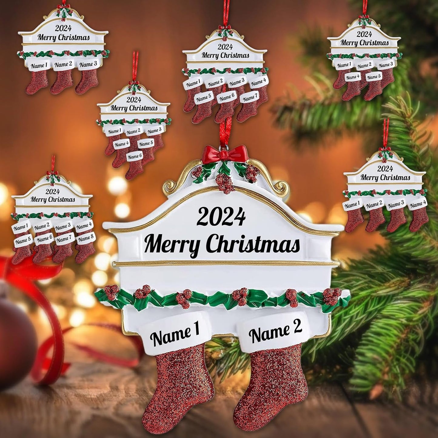 Amlion Personalized Ceramic Christmas Stocking Ornaments, Family of 2-8, Custom Names, Traditional Style, Christmas Occasion