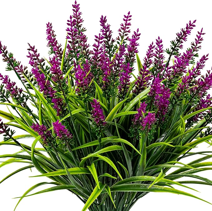 Nigirior Artificial Flowers for Outdoor Plants 24 Bundles Fake Lavender Plastic Faux Monkey Grass for Verandah Window Garden Office Patio Front Porch UV Resistant for Planter(Fuchsia)