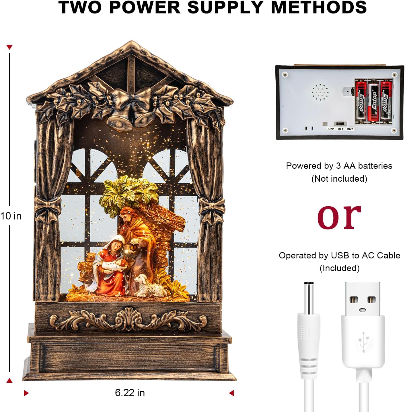 Christmas Snow Globe Swirling Glittering Holy Family Manger Scene, USB Lined/Battery Operated Lighted Water Lantern for Christmas Festival Decoration Gifts