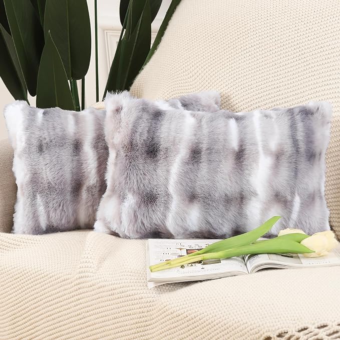 MADIZZ Pack of 2 Thick Plush Faux Wool Throw Pillow Covers Soft Boho Throw Pillows Luxurious Cushion Covers for Couch Sofa Bedroom Living Room Home Decor 12x20 Inch White Grey