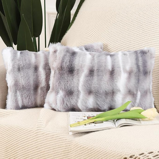 MADIZZ Pack of 2 Thick Plush Faux Wool Throw Pillow Covers Soft Boho Throw Pillows Luxurious Cushion Covers for Couch Sofa Bedroom Living Room Home Decor 12x20 Inch White Grey