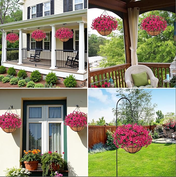 Ouddy Decor Artificial Hanging Flowers with Basket, Fake Hanging Plants with Faux Silk Flowers UV Resistant for Outdoors Indoors Spring Summer Porch Patio Balcony Yard Home Decorations, Fuchsia