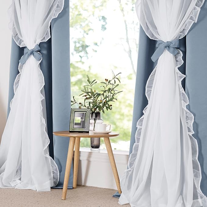 PONY DANCE Double Layer Curtains with Ruffle Sheer Overlay for Whimsical Forest Teen,Shabby Chic Room Darkening Drapes with Tiebacks, 52" Wide x 84" Long, Pigeon Blue, 2 Panels