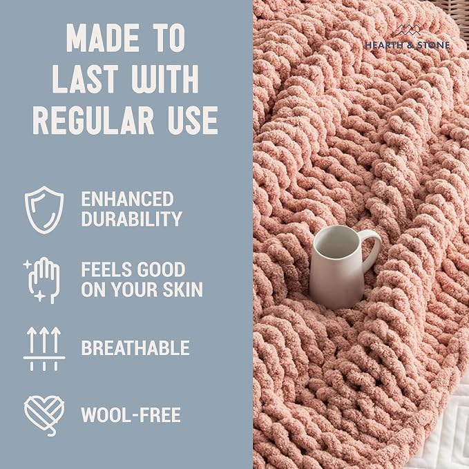 Chunky Knit Blanket Throw - 50"x60" 3.7 lbs.- Soft Chenille Yarn Knitted Blanket -Machine Washable Crochet Blanket - Handmade Cable Knit Throw Blanket for Couch, Bed (Blush Pink) | Soft chenille chunky knit throw blanket in blush pink â€“ handmade cabl...