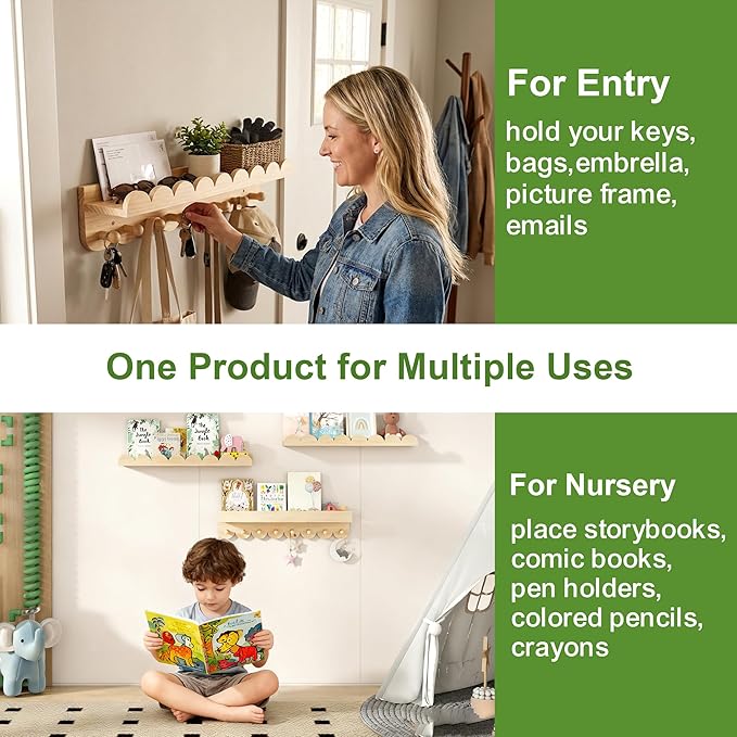 24 Inch Floating Shelves for Wall, 4-Pack Nursery Book Shelves with Hooks, Scalloped Shelves, Wall Book Shelves for Kids Room, Toddler Room, Baby Room, Nursery Decor