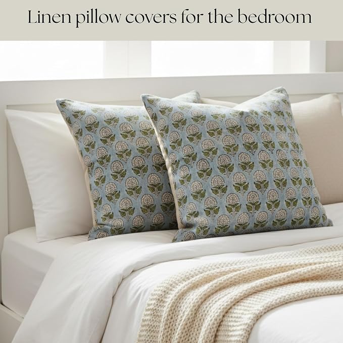 Linen Throw Pillow Covers 20x20 inch Blue Green Spring Decorative Pillow Covers for Living Room, Bedroom