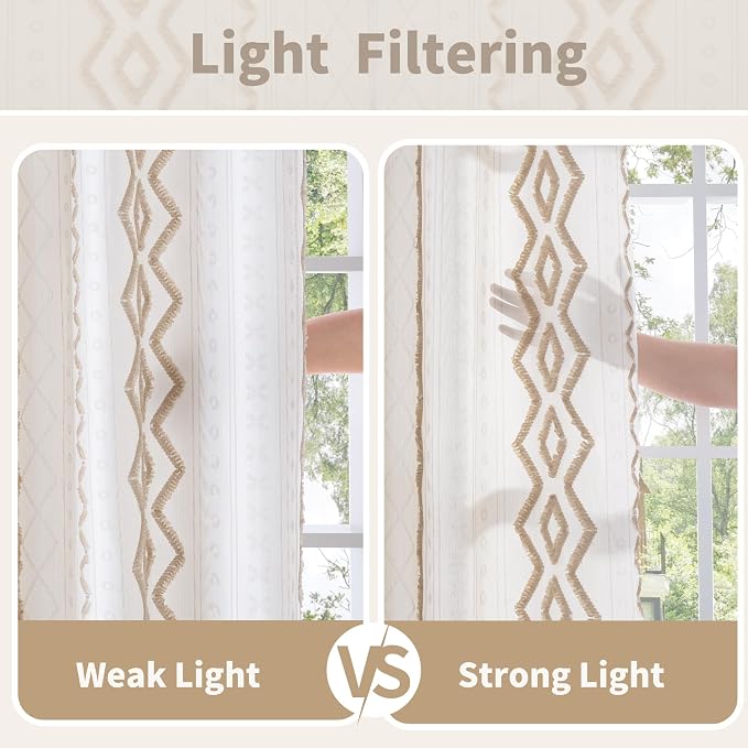 BGment Boho Curtains for Living Room 90 Inch Length, Botanical Jacquard Pattern Drapes with Grommet Natural Rustic for Farmhouse Bedroom Light Filtering, Linen Color, 2 Panels Set, 52 X 90 Inch