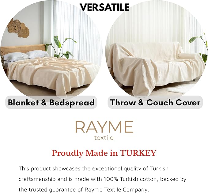 100% Turkish Cotton Blanket Queen Size Waffle Weave Blankets, Made in Turkiye, Light Airy Throw Bedspread (Natural Raw, Queen Size Blanket 90 x 90 inch)