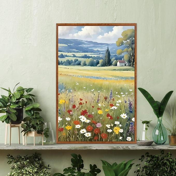LHIUEM Vintage Wildflower Framed Canvas Wall Art,Boho Mountain Wall Decor,Rustic Floral Painting,Nature Field Landscape Artwork for Living Room,Bedroom,Dining Room,Farmhouse -16"x24"x3