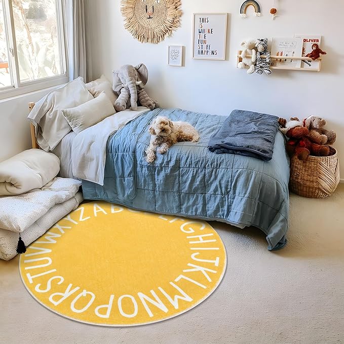 Topotdor Round Kids Play Rug Alphabet Nursery Area Rug Extra Large Soft Crawling Play Mat for Children Toddlers Bedroom (71 inch, Yellow)