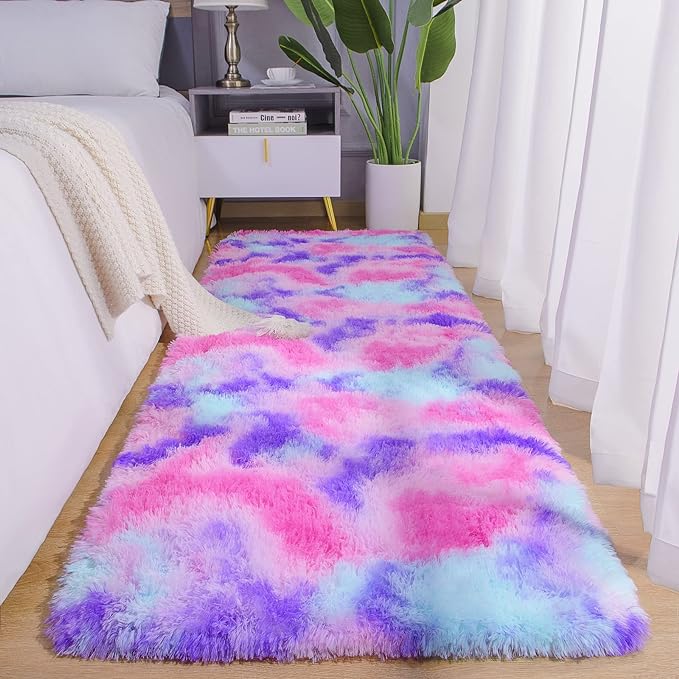 AROGAN Soft Rainbow Area Rugs for Girls Room 2x4 Feet, Fluffy Girls Bedroom Rugs, Princess Rug, Cute Colorful Carpet for Kids Teens Nursery Toddler (Hot Pink)
