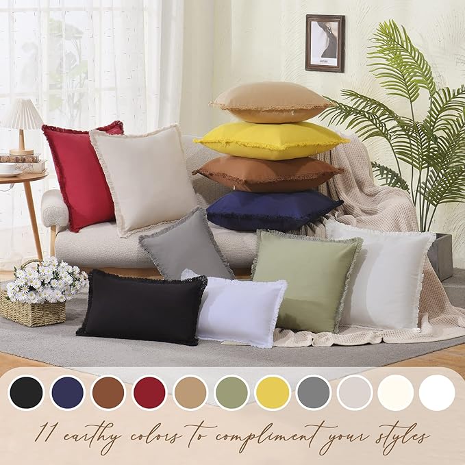 ZWJD Pillow Covers 12x20 Set of 2 White Throw Pillow Covers with Fringe Chic Cotton Decorative Pillows Square Cushion Covers for Sofa Couch Bed Living Room Farmhouse Boho Decor