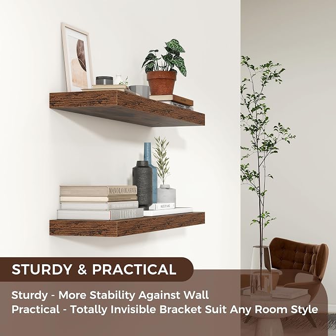 24" Wide x 6.5" Deep Floating Shelves for Wall, Rustic Brown, 2-Pack | Engineered Wood Wall Shelves with Invisible Brackets for Living Room, Bedroom, Bathroom, Office & Kitchen Storage